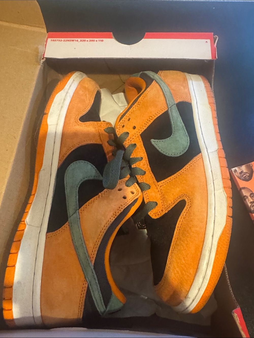 Nike Men's Orange and Black Low-Top Sneakers with Green Swoosh